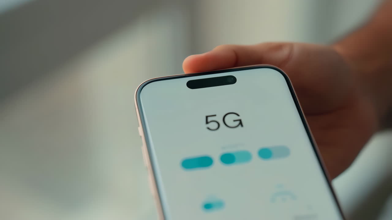 Close-up of a smartphone displaying "5G" on its screen
