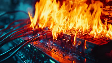 una placa base de computadora en llamas con cables conectados a ella