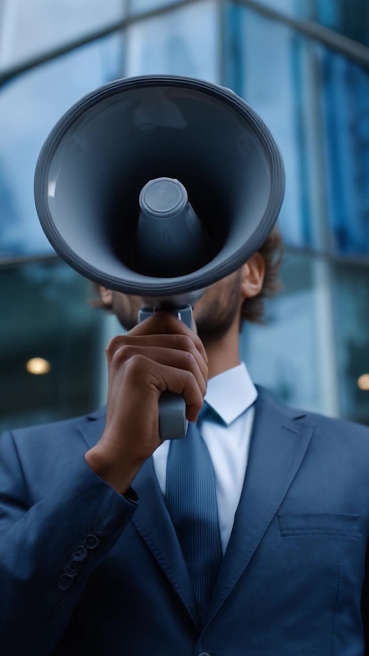 Un professionista d'affari, che tiene con sicurezza un megafono, si prepara a rivolgersi a un pubblico con un messaggio importante sullo sfondo di un edificio moderno.