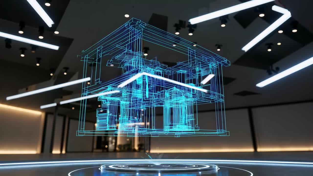 Futuristic 3D wireframe house model in a spacious room, viewed from a low angle