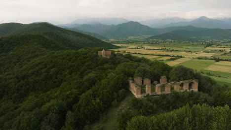 old palace in ruins,16th century, akhmet, georgia, aerial orbit