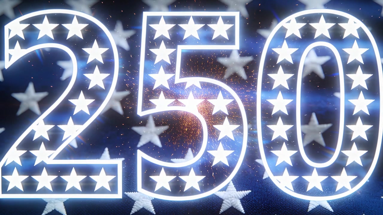Bagliore dell'obiettivo che appare vicino al 250, emettendo particelle attraverso un campo stellare digitale, celebrando un traguardo.