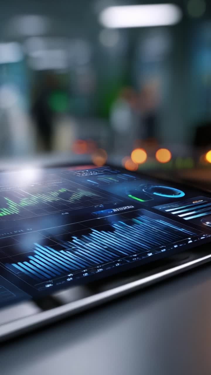 High-Tech Data Analytics Interface Displayed on a Glossy Tablet Screen, Showcasing Dynamic Graphs and Audio Visualizations in a Contemporary Office Environment