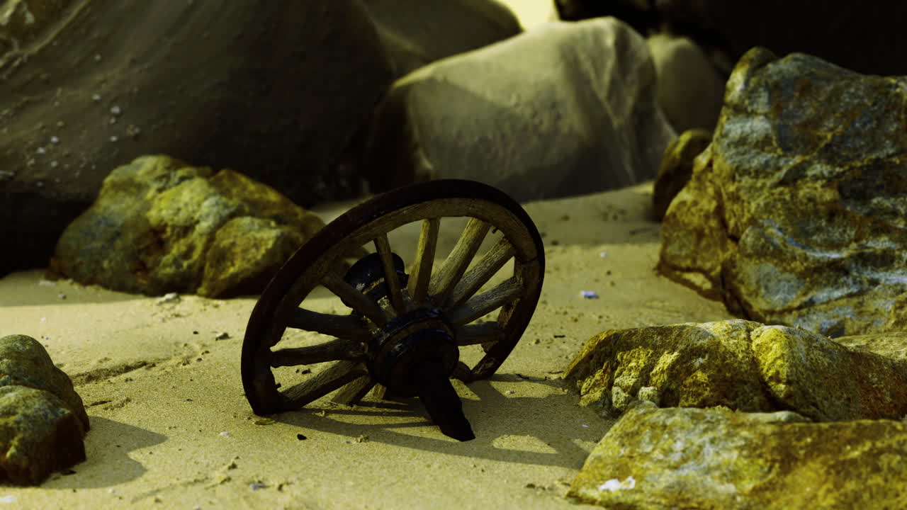 Old wooden cartwheel rests on sandy beach surrounded by large rocks