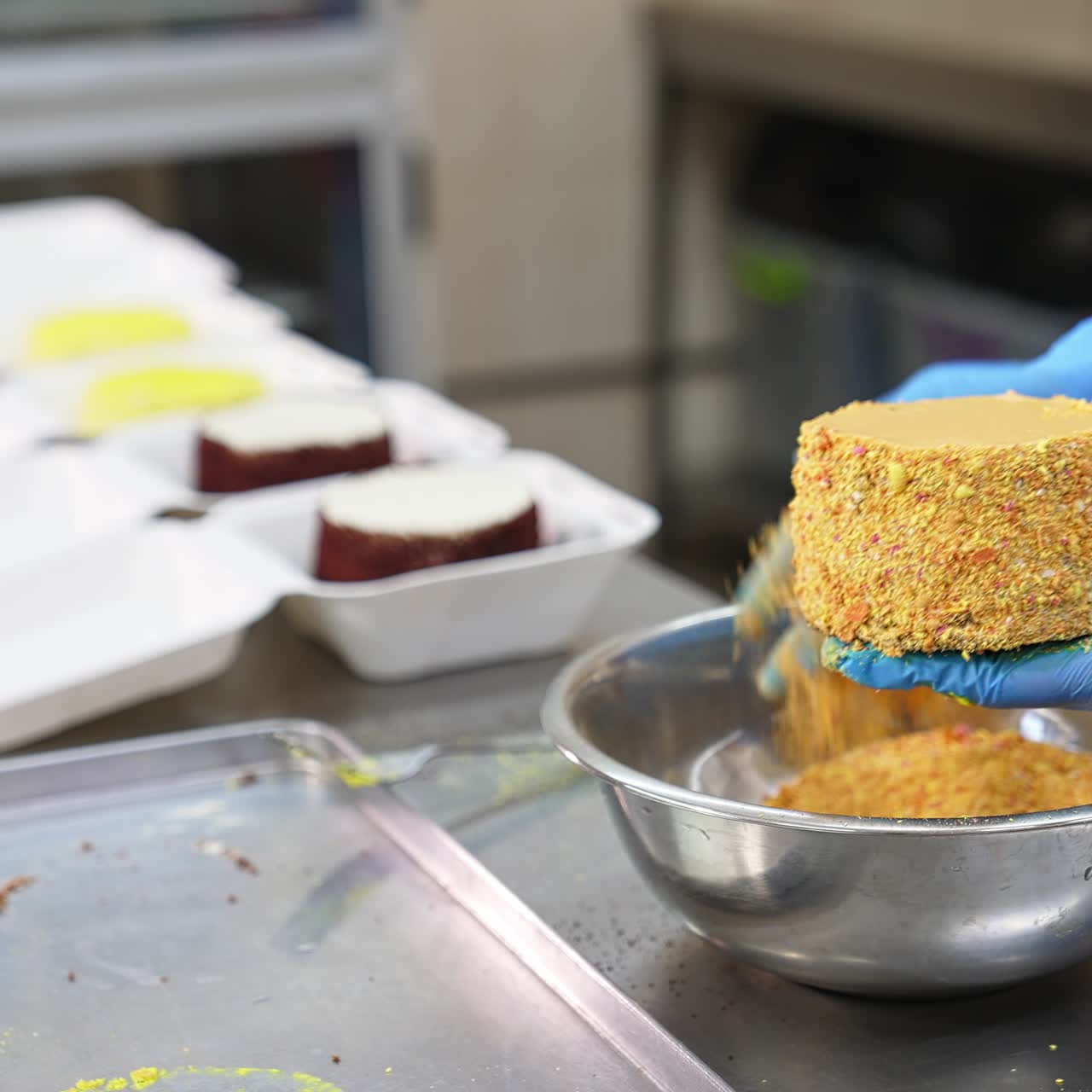 Operaio in una fabbrica alimentare che ricopre le torte con granella gialla. Primo piano. Dessert pronti da mettere in scatole separate. Sfondo sfocato