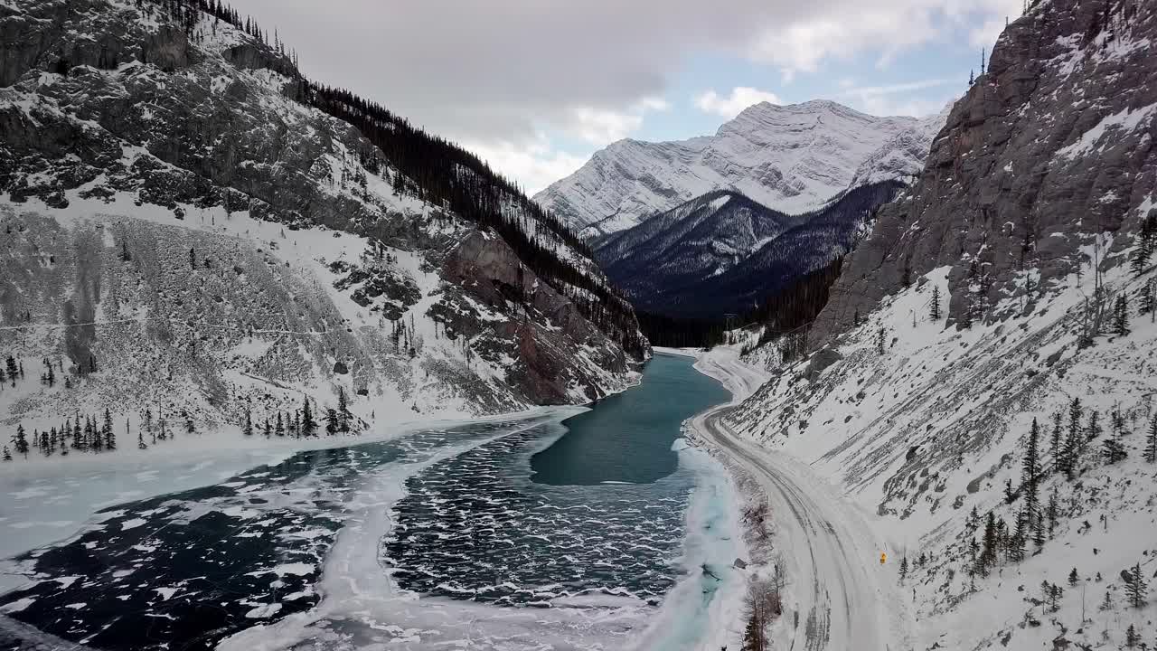 Flying over the beautiful Bow River in the Spray Lakes Reservoir in Canada