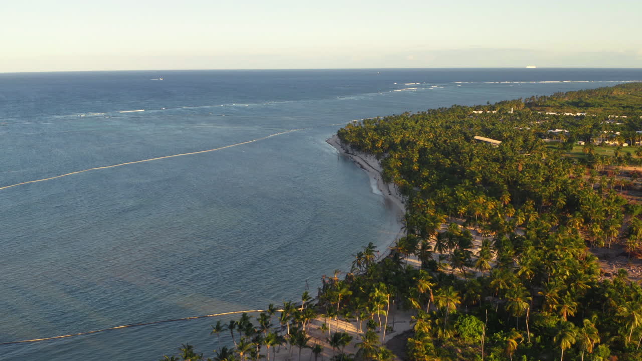 la luz dorada ilumina las palmeras y el océano abierto cerca de punta cana, panorama aéreo de gran angular