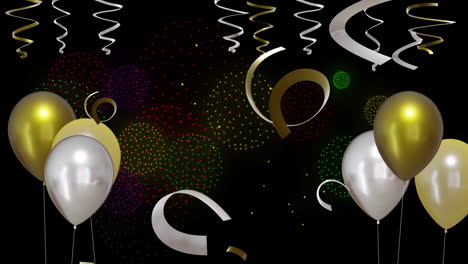 Animation-of-gold-and-silver-balloons-with-fireworks-on-black-background