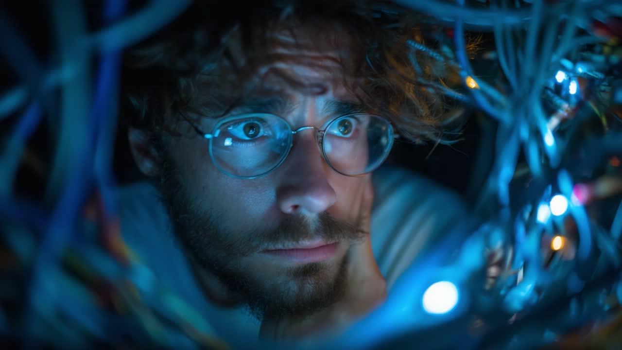 A Contemplative Moment Beneath a Web of Colorful Wires: An Introspective Look at Connection and Technology Ignites Deep Thought