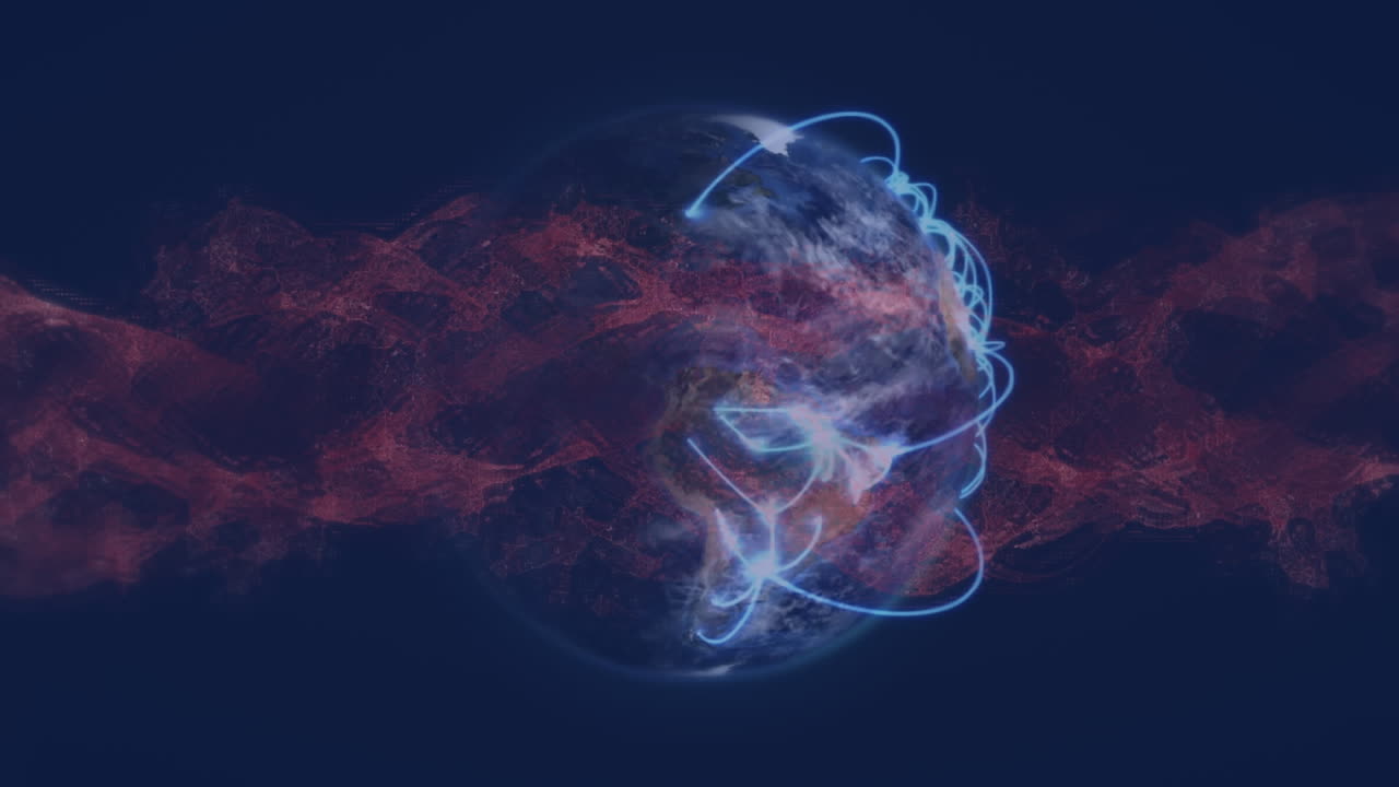 animación de patrones de ondas dinámicas y líneas sobre un globo giratorio contra un fondo negro