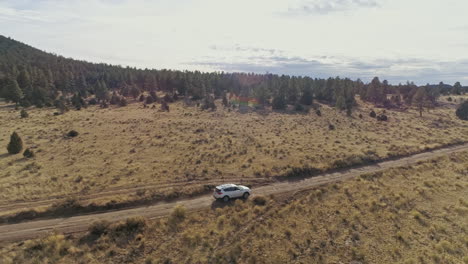 Antena-En-órbita-Mientras-Un-Vehículo-Blanco-Viaja-Por-Un-Camino-De-Tierra-Remoto,-4k