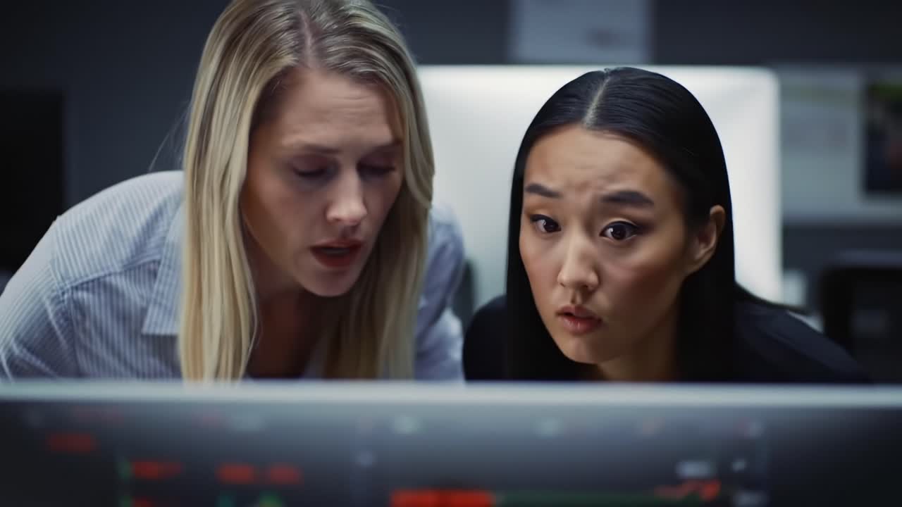 Two focused professionals analyzing data on a computer screen in a modern office environment, displaying intense concentration and teamwork during a critical moment