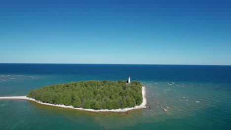 Vista-Aérea-De-Drones-Orbitando-Una-Casa-De-Luz-A-Orillas-Del-Lago-Michigan