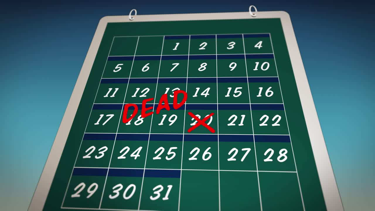 a mão marca o dia do prazo final em um calendário - visual cômico - fundo azul