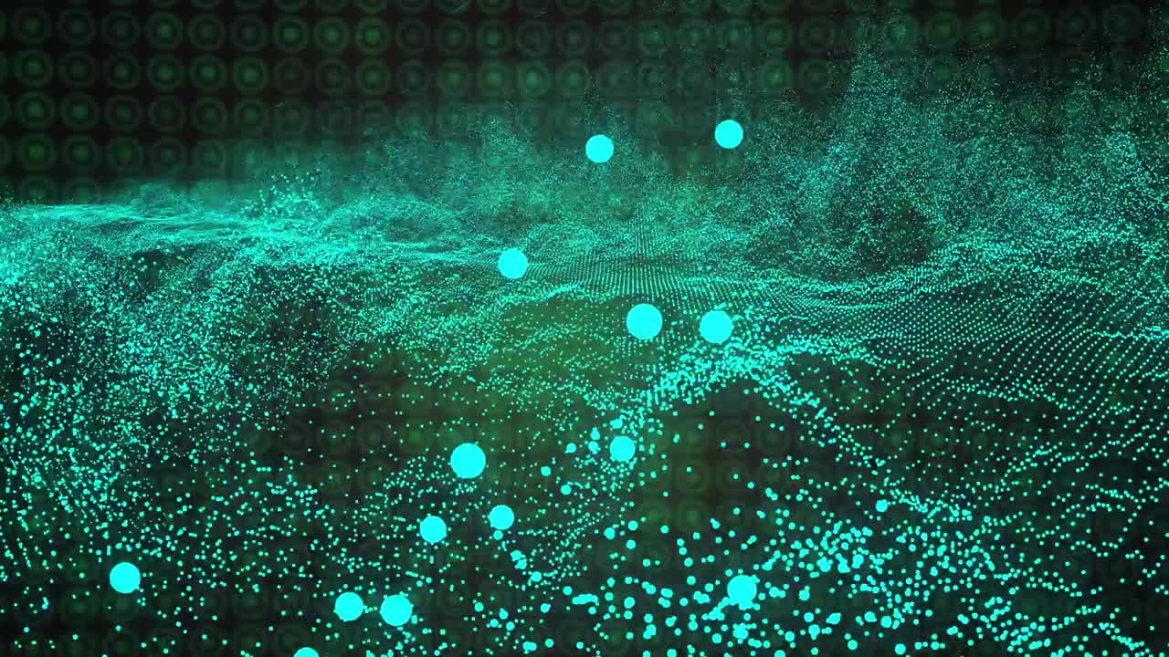 Animation of blue dots forming wave patterns and moving against circles background