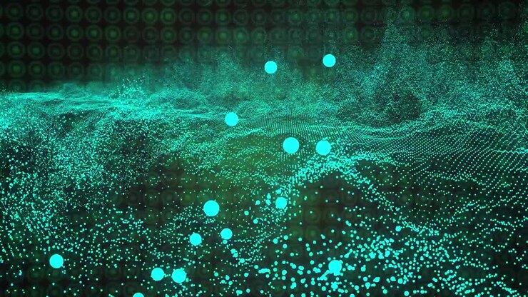 Animation of blue dots forming wave patterns and moving against circles background