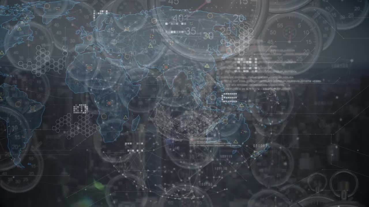 animación de relojes sobre mapa del mundo e íconos en fondo oscuro