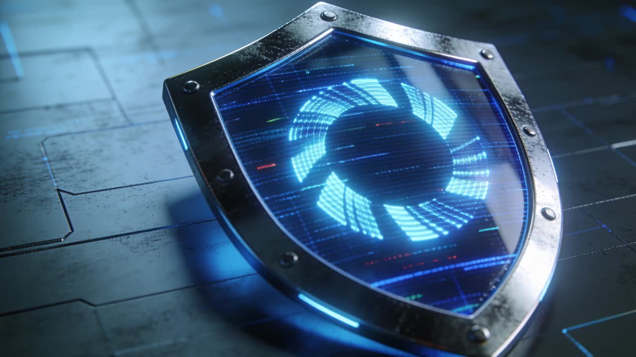 Metallic shield powering after control signal, showing spinning holographic rotor for tech check