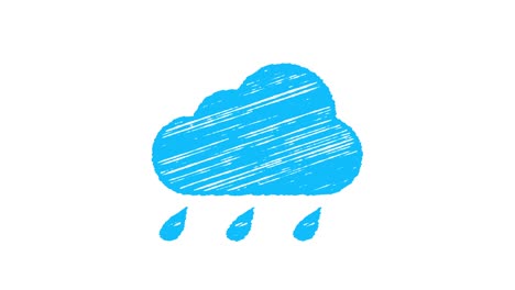 ya sea icono de lluvia, nube azul con gotas pintadas con tiza aisladas en fondo blanco, animación dibujada a mano 4k