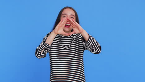 Caucasian woman yell shout scream loud to camera promotion advertisement sale invitation greetings