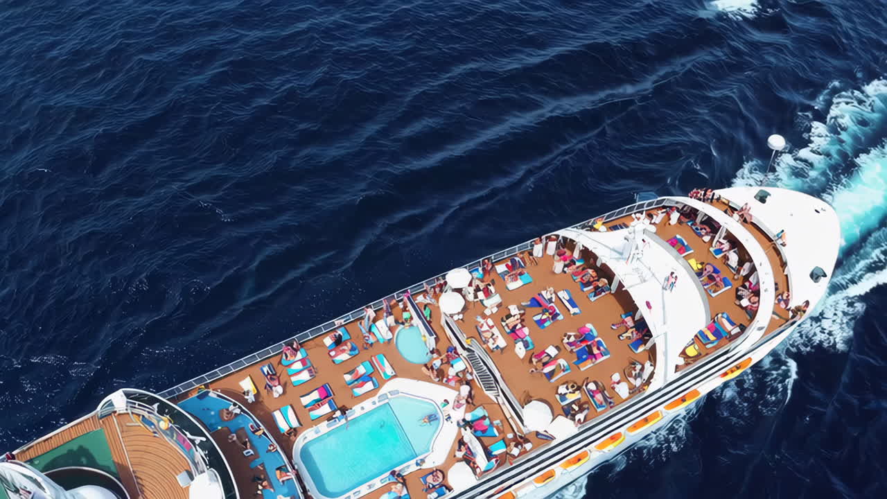 Aerial View of a Cruise Ship Deck with Tourists and Pool