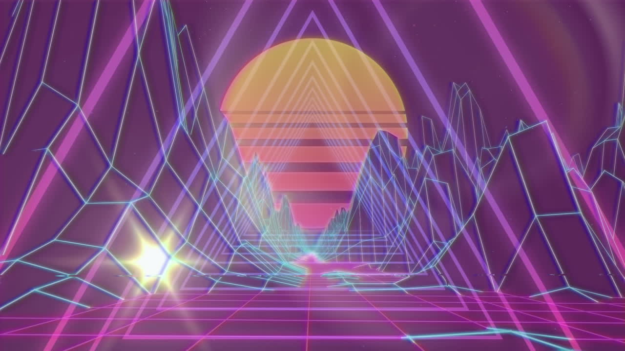 추상적인 배경에 대한 태양과 렌즈 플레어와 함께 산의 3d 모델의 애니메이션