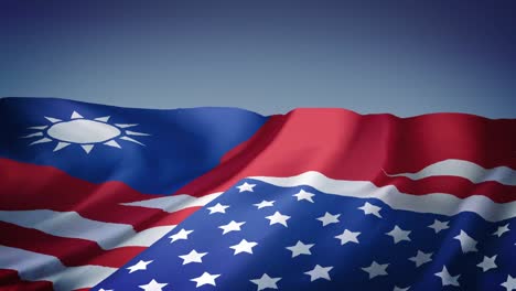 animación de agitar la bandera combinada de taiwán y estados unidos con fondo azul