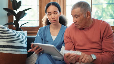 Man,-woman-and-tablet-for-pills-in-nursing-home