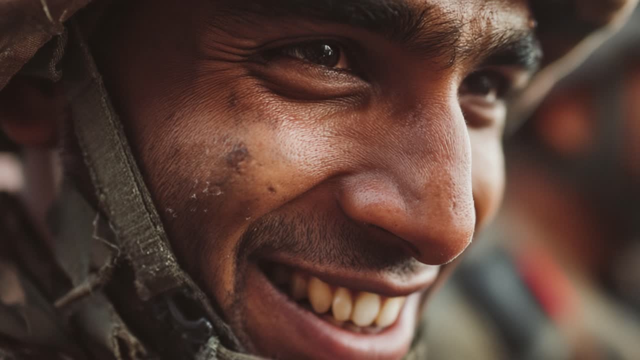 A Soldier's Joy Captured: The Resilience and Strength in the Smile of a Combatant, Reflecting Courage in Challenging Times and the Bond of Brotherhood