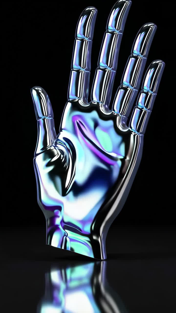 Iridescent Chrome Robotic Hand Against Black Background