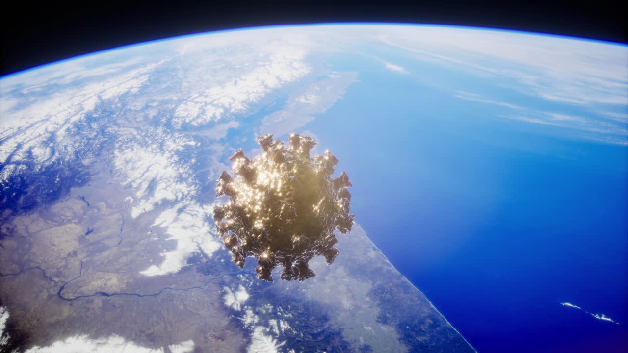 Visual representation of a virus looming over earth from space