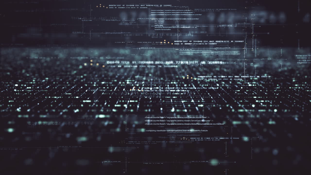 Futuristic artificial neural networks simulation, artificial intelligence deep learning performing analytic computational head up display loop background