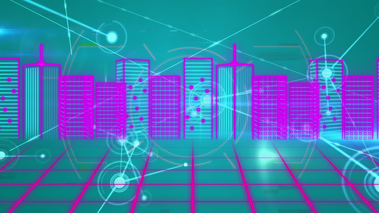 Animation of 3d neon urban financial city on grids with network connecting dots on digital interface