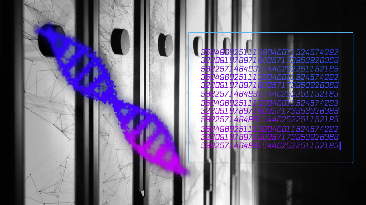 Animation of dna strands with data processing and network of connections over server room