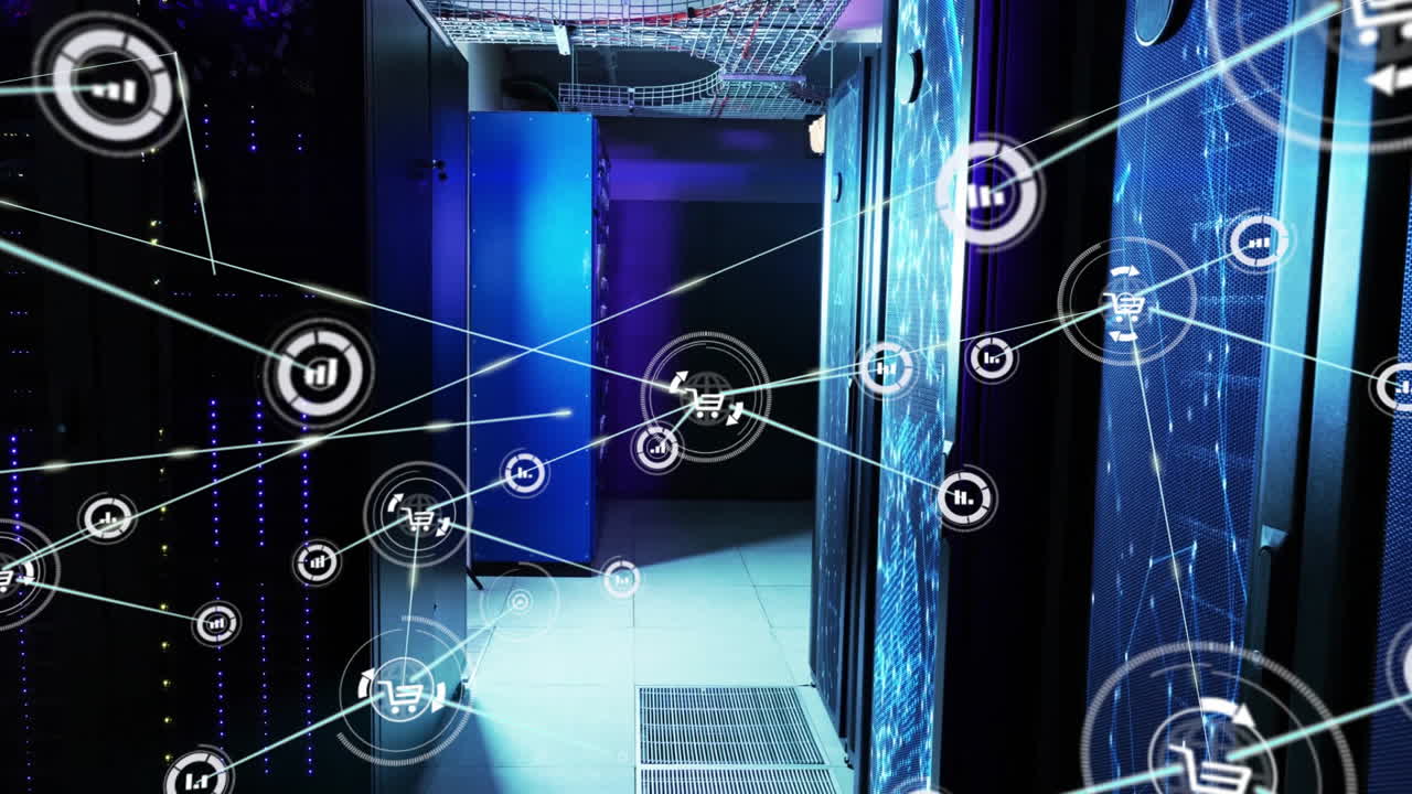 Network of connections and data processing animation over server room environment