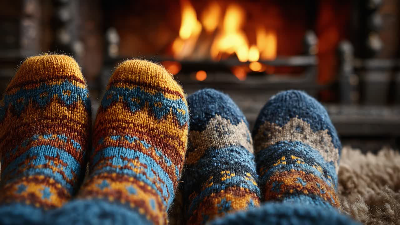 Cozy warmth radiates from the fireplace as two pairs of colorful, hand-knit socks rest peacefully, embodying comfort and relaxation in a serene indoor setting