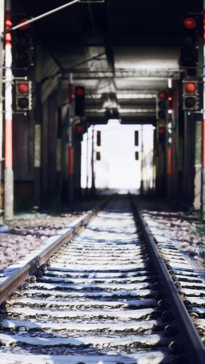 Abandoned train track with red warning light