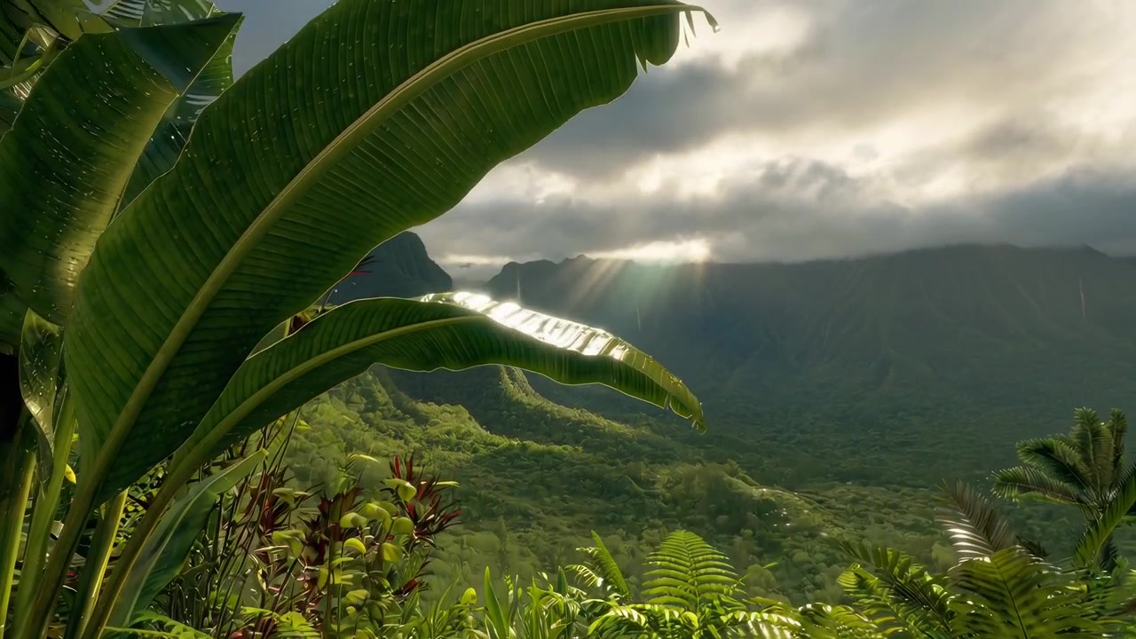 Raggi di sole illuminano lussureggianti montagne tropicali e foglie gocciolanti