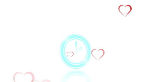 neon digital clock ticking against multiple red heart icons falling against white background