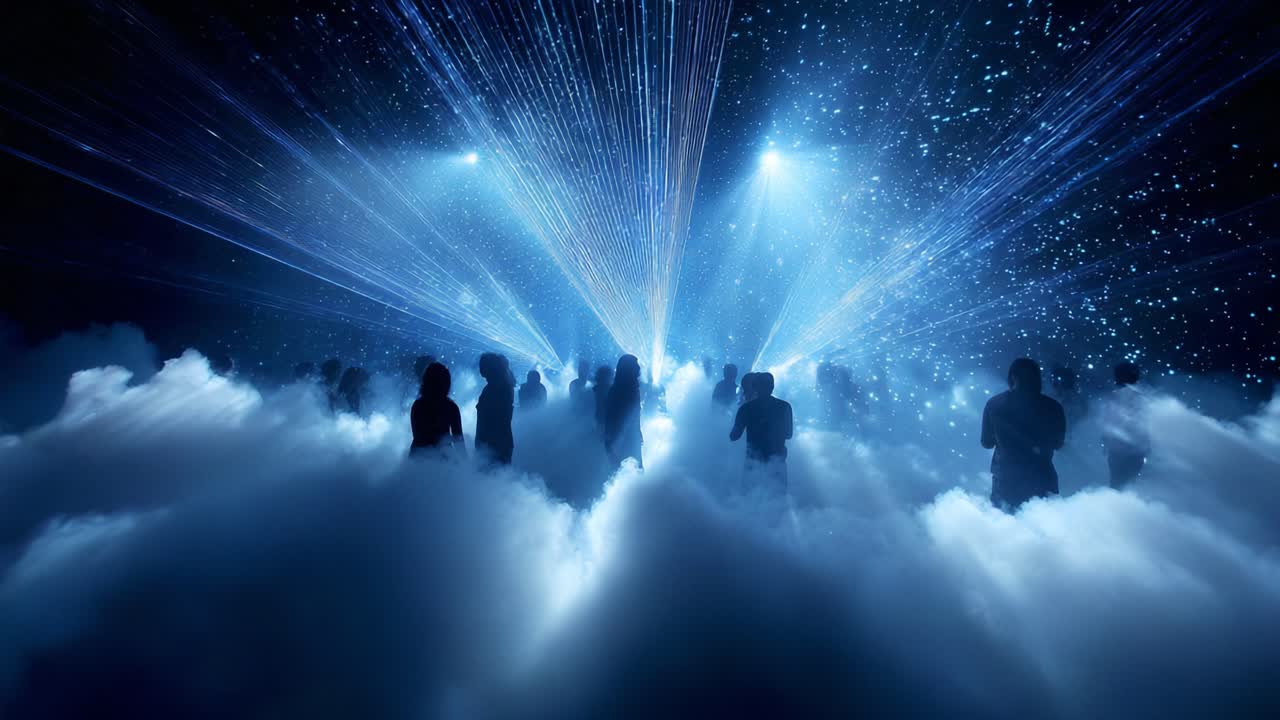 A mesmerizing display of light and fog captivates viewers in an ethereal atmosphere, creating an enchanting experience for all who are present amidst the glowing radiance and surrounding mist