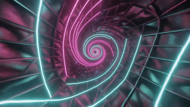 Abstract Neon Spiral Tunnel with Glowing Pink and Blue Lights