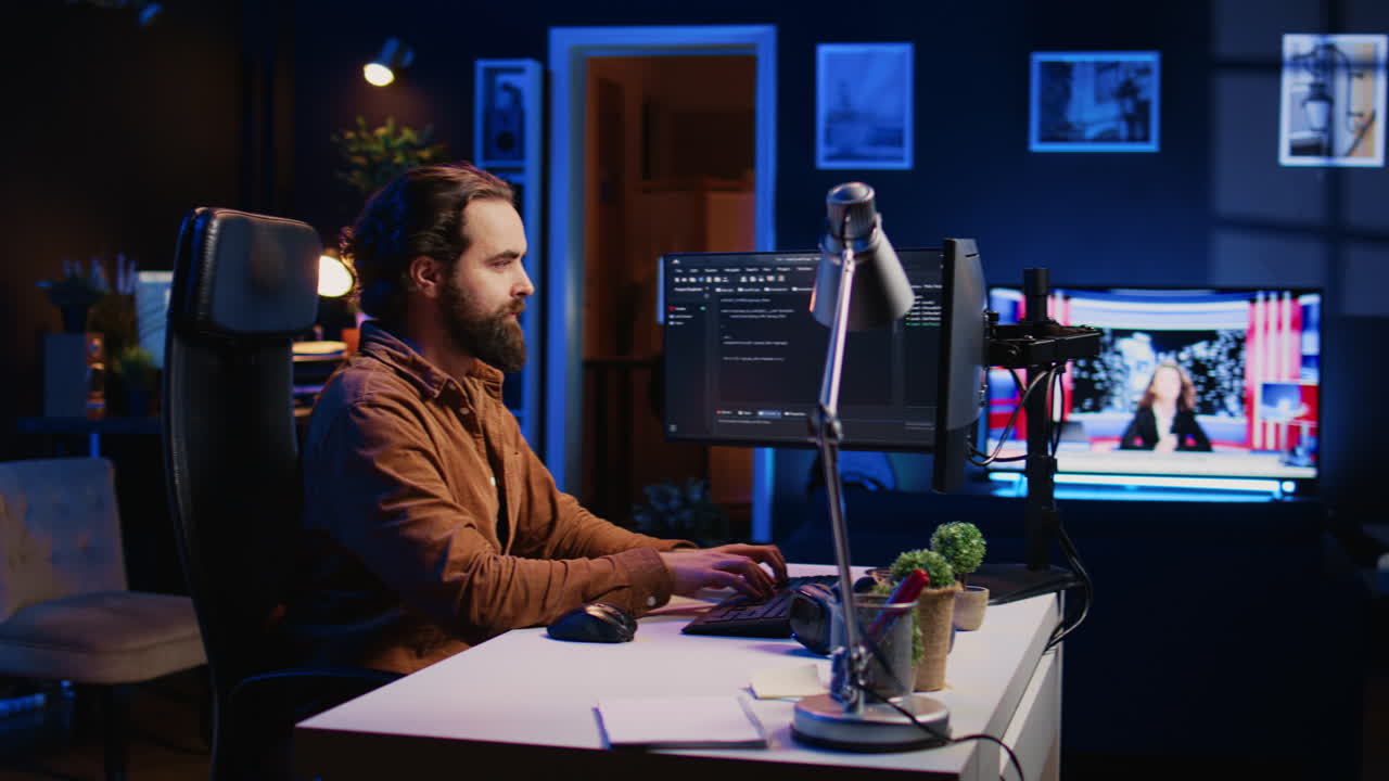 programador desarrollando código en la pantalla de la computadora mientras está en la oficina personal