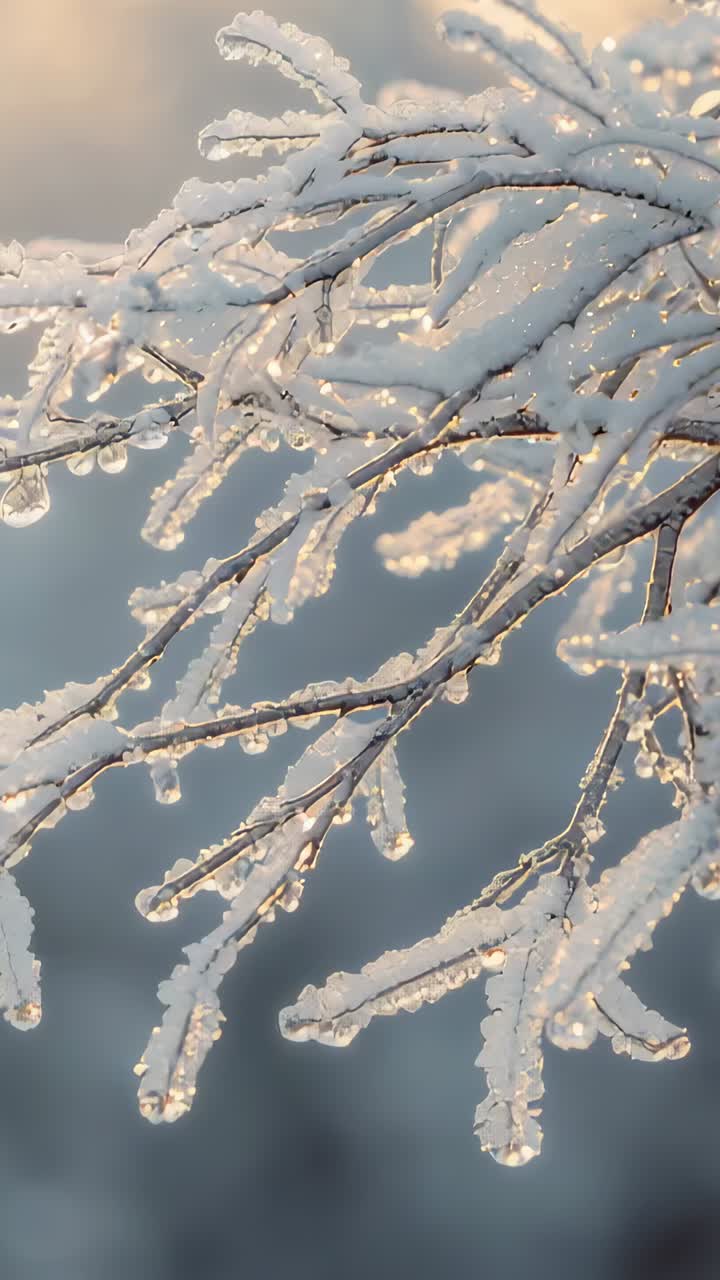 Vertical video: Showing thin tree branches coated with ice melting at sunrise, forming droplets