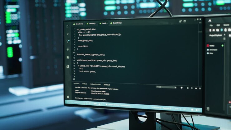 Close up on code running on computer screens in advanced server hub