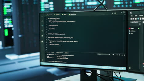 close up on code running on computer screens in advanced server hub