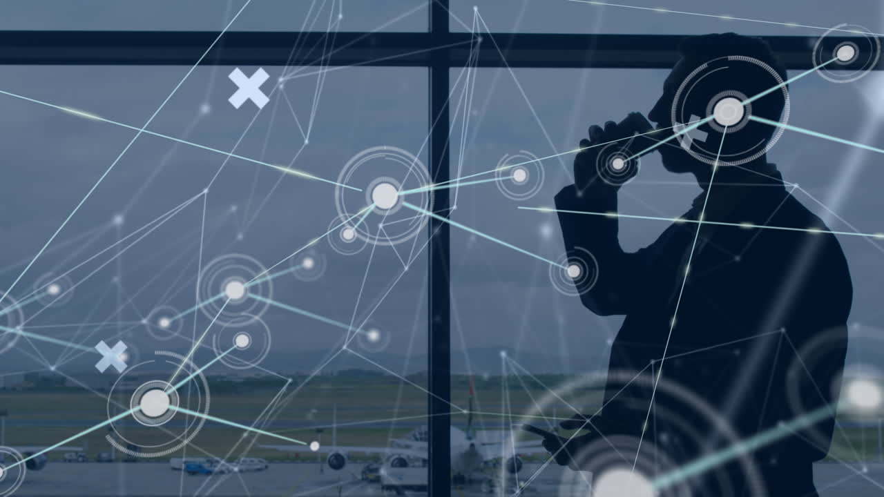 연결 네트워크와 데이터 처리와 함께 공항에서 코카시안 사업가의 애니메이션