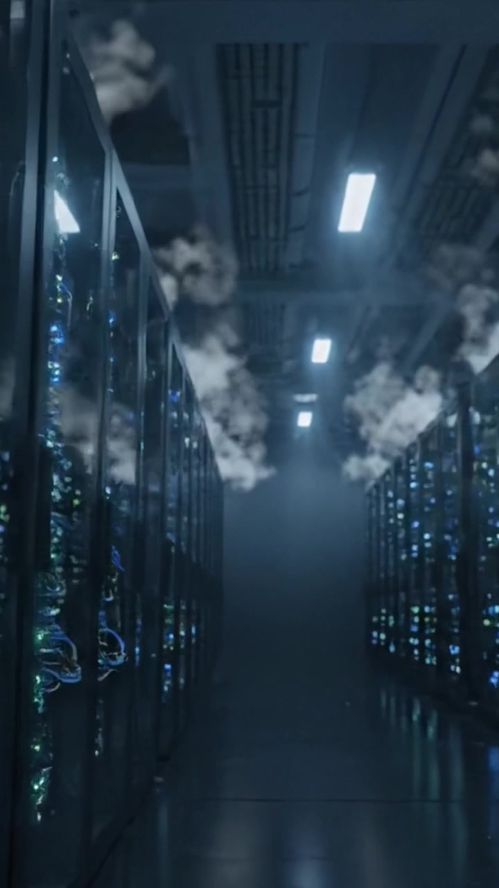 A Haunting View of a High-Tech Data Center Filled with Server Racks, Illuminated by Flickering Lights and Shrouded in Mysterious Vaporous Clouds