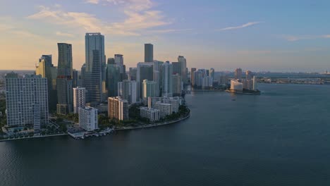 Aerial-shot-of-Brickell-Bay-at-sunset,-Miami,-Florida,-USA