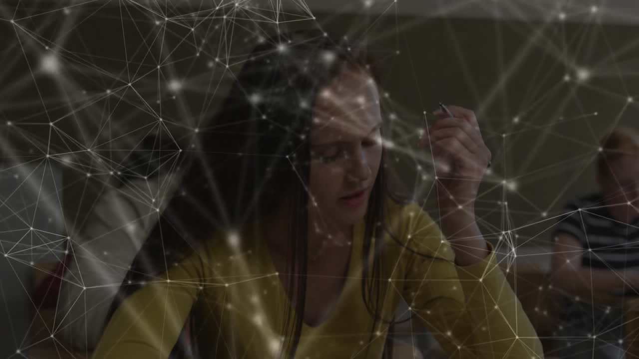 Network of connections and data processing animation over woman studying at desk