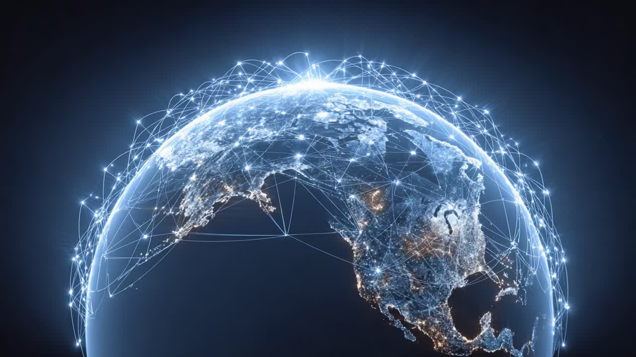 A Stunning Visual of Earth Illuminated by Global Connections: An Artistic 3D Representation of Our Planet with Network Links Displaying the Interconnectedness of Modern Civilization